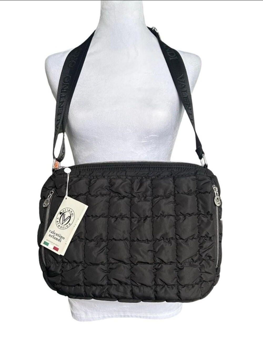 Valentino Orlandi Black Quilted Messenger Bag with Branded Strap